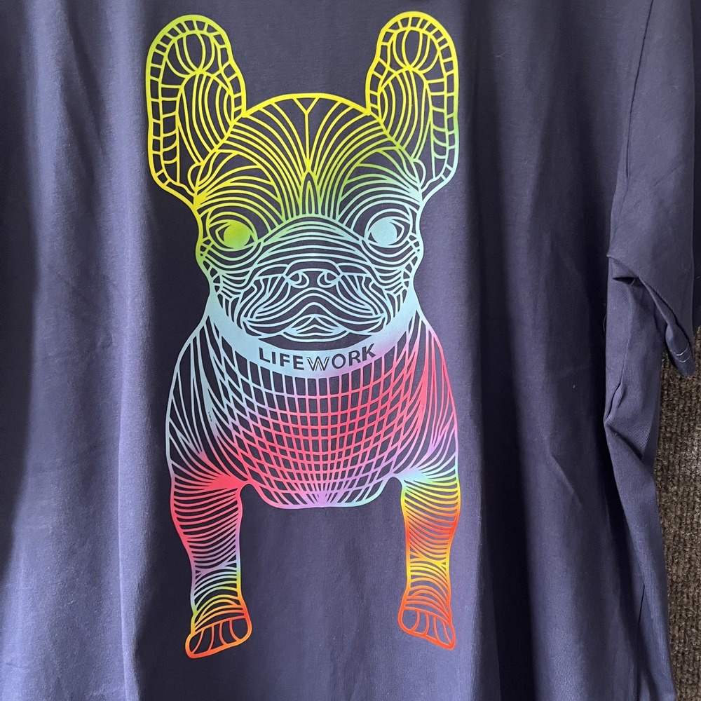 Lifework Korea Radog French Bulldog T-Shirt Mens L Navy Rainbow Streetwear Graph